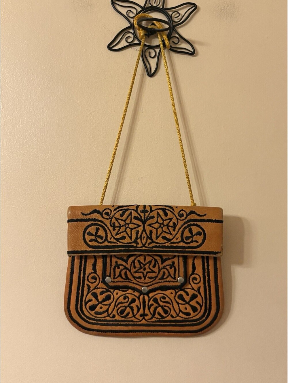 Vintage Moroccan Embroidered Leather Tan Shoulder Bag Boho Berber Inspired